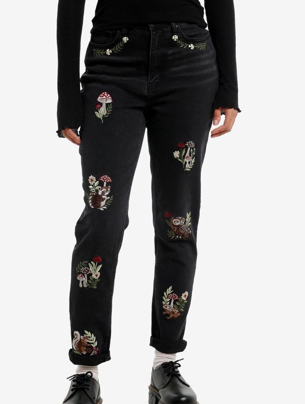 Hot Topic Black Mushroom & Forest Creature Embroidered Jeans Size 20 Fairycore